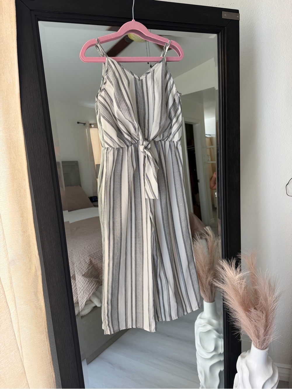 Girls Striped Tie-Front Spaghetti Strap Dress - White/Gray